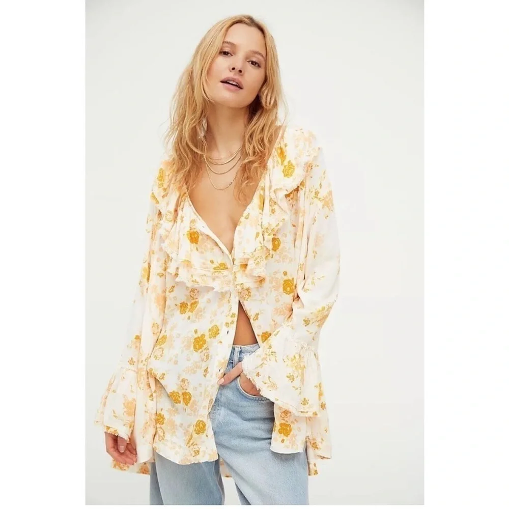Free People Loretta Tunic Top Tea Combo Cream Yellow Floral Print Ruffle Boho